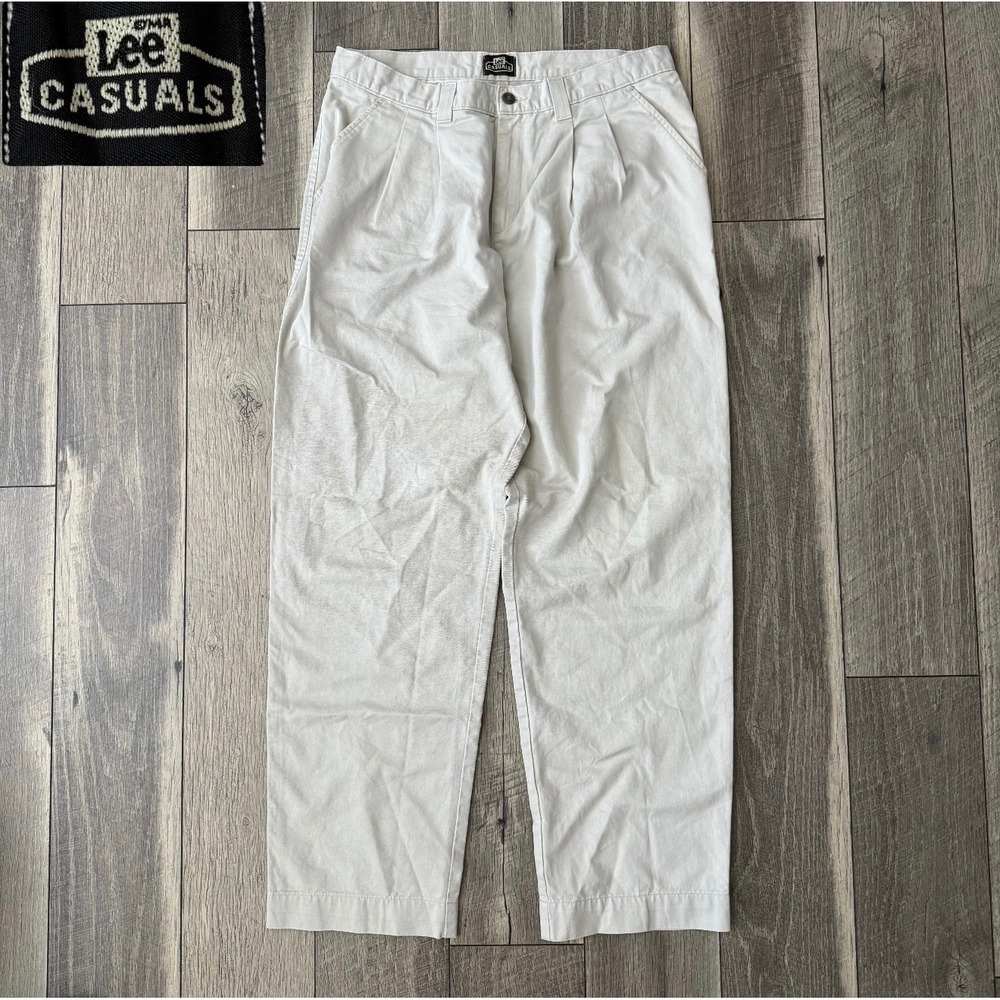 Lee Casuals Pleated Trousers Stone Beige High Rise Straight Leg Pants Size 12 M